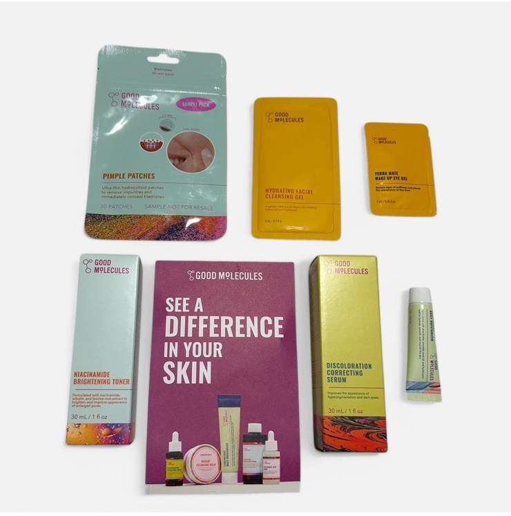 GOOD MOLECULES sample lot Toner, Serum, Moisturizer, Cleansing Gel, Eye Gel, Pat