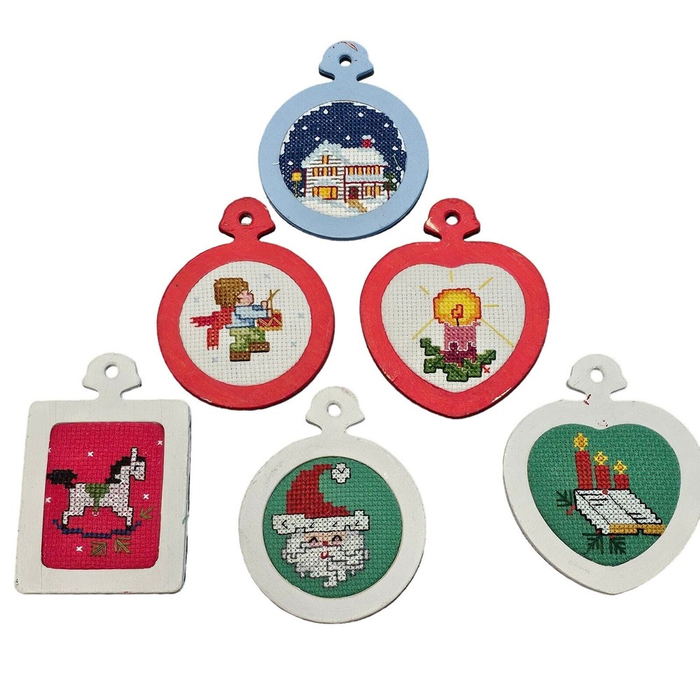 Vintage Christmas Cross Stitch Ornaments 80s Hand Made Santa Candle Snow Toys