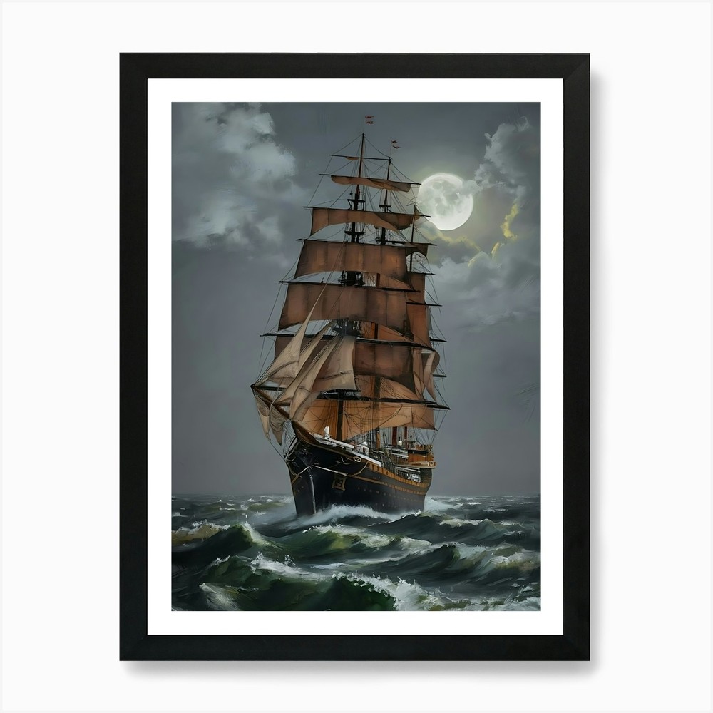 Sailing Ship At Night Art Print Framed Wall Art Poster Canvas Print Picture