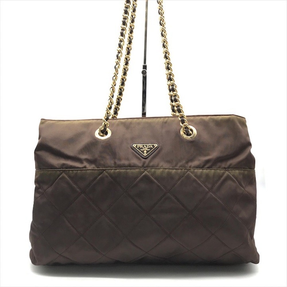 RARE Prada Triangle Logo Nylon Tessuto Quilted Chain Tote in Brown