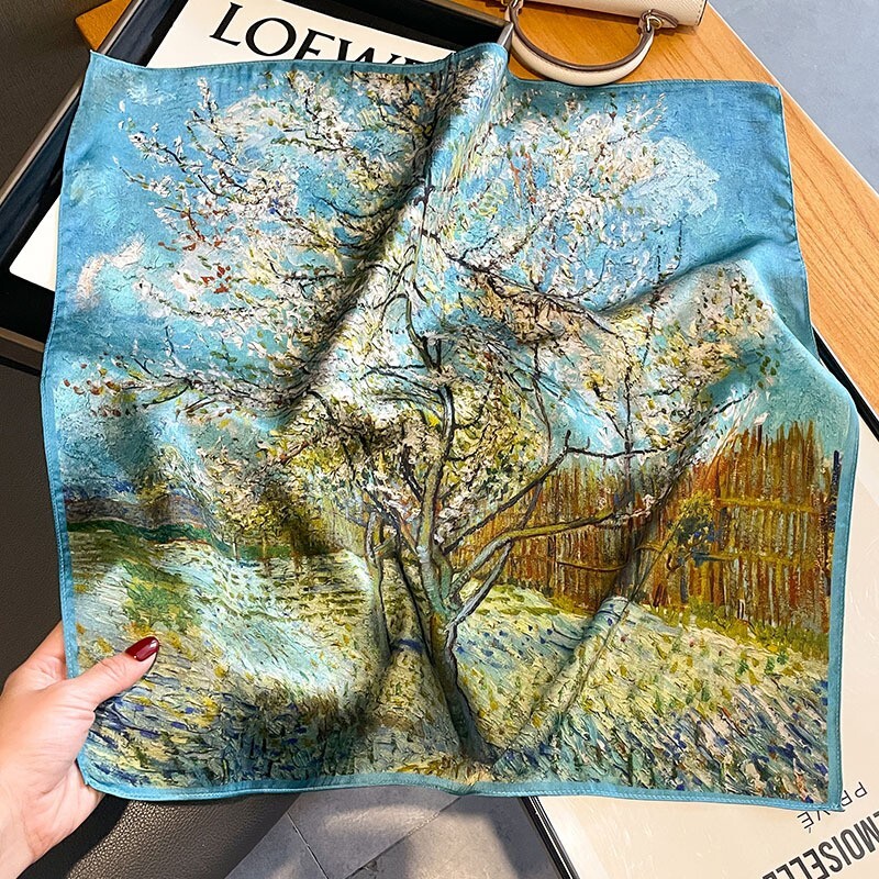 100% Silk 21x21 Scarf Blue Oil Painting Floral Tree Design Womens Neck Wrap