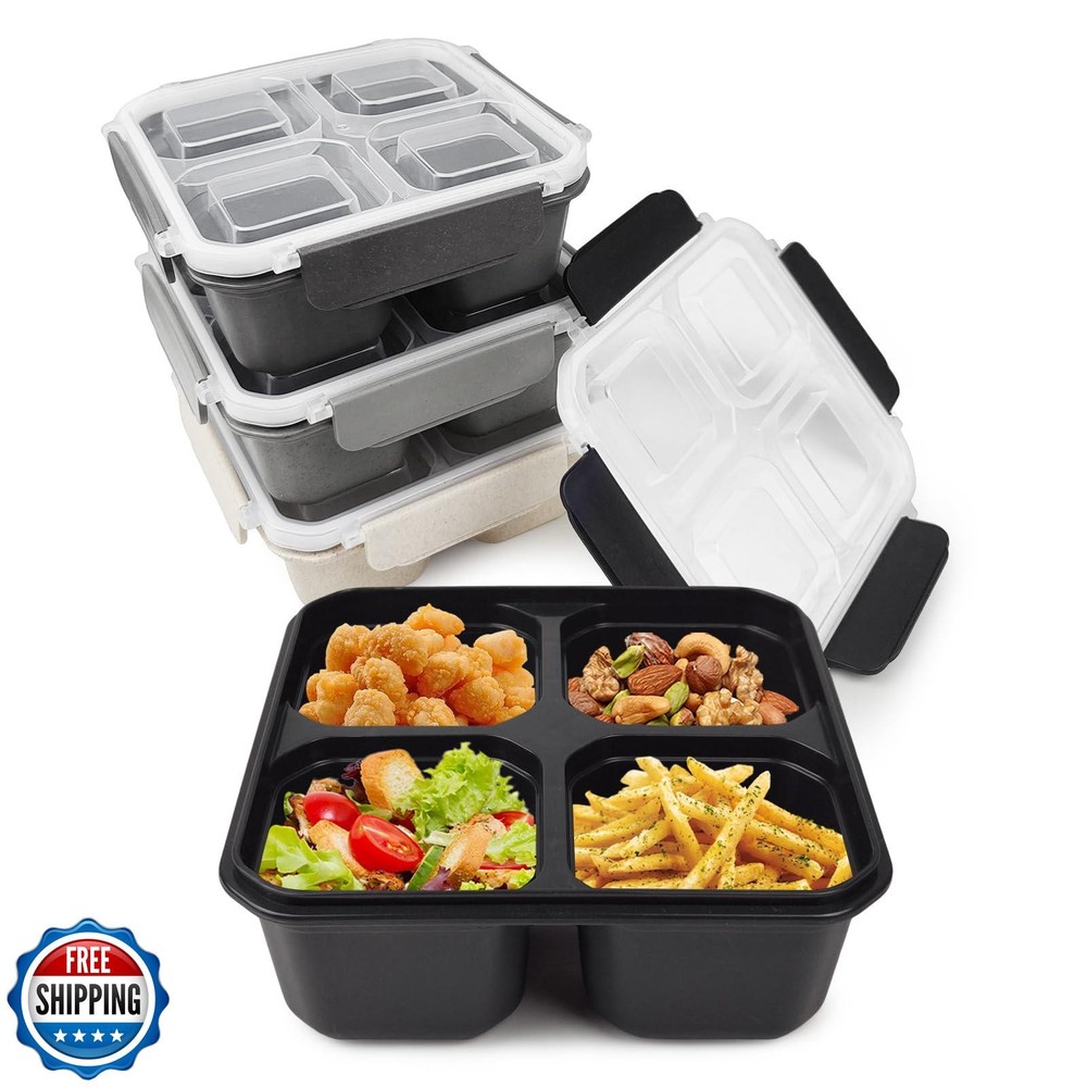 GreenandLife 4-Pack Bento Lunch Box Set for Kids & Adults with 4 Compartments - Reusable & Eco-Friendly