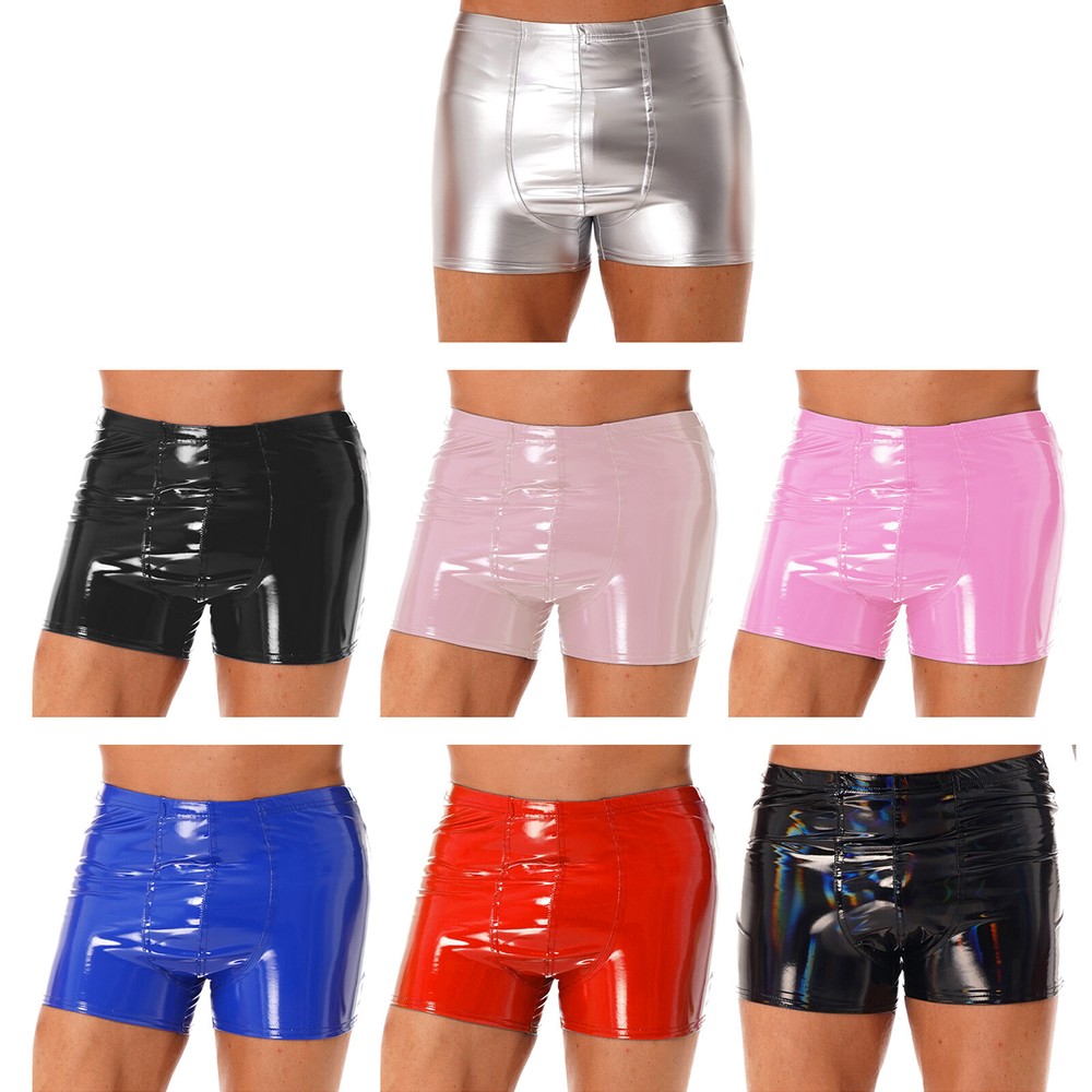 Mens Underwear Metallic Boxer Briefs Shiny Shorts Mid Waist Underpants Disco