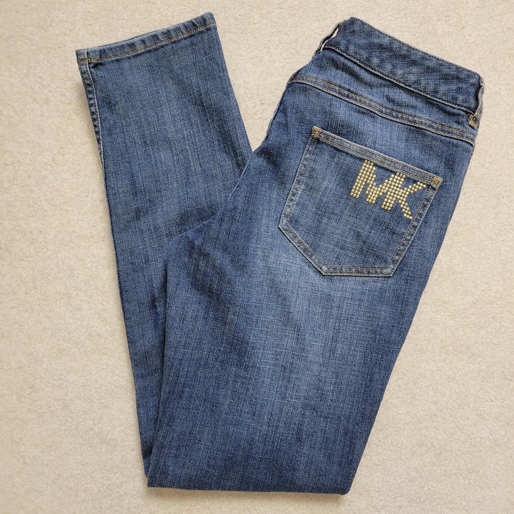 Michael Kors EUC Size 6 Low Rise Straight Denim Jeans with Studded MK Logo