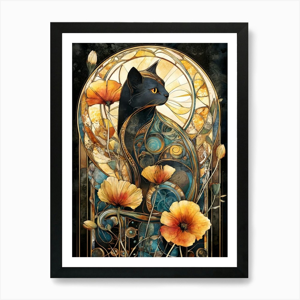 Black Cat With Flowers 11 Art Print Framed Wall Art Poster Canvas Print Picture
