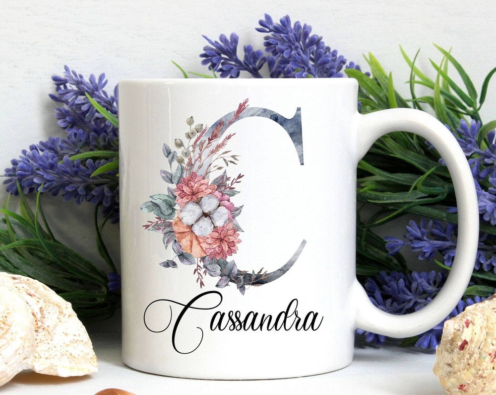 Personalized Initial Name Mug Black Letter With Flowers Modern Mug Monogram