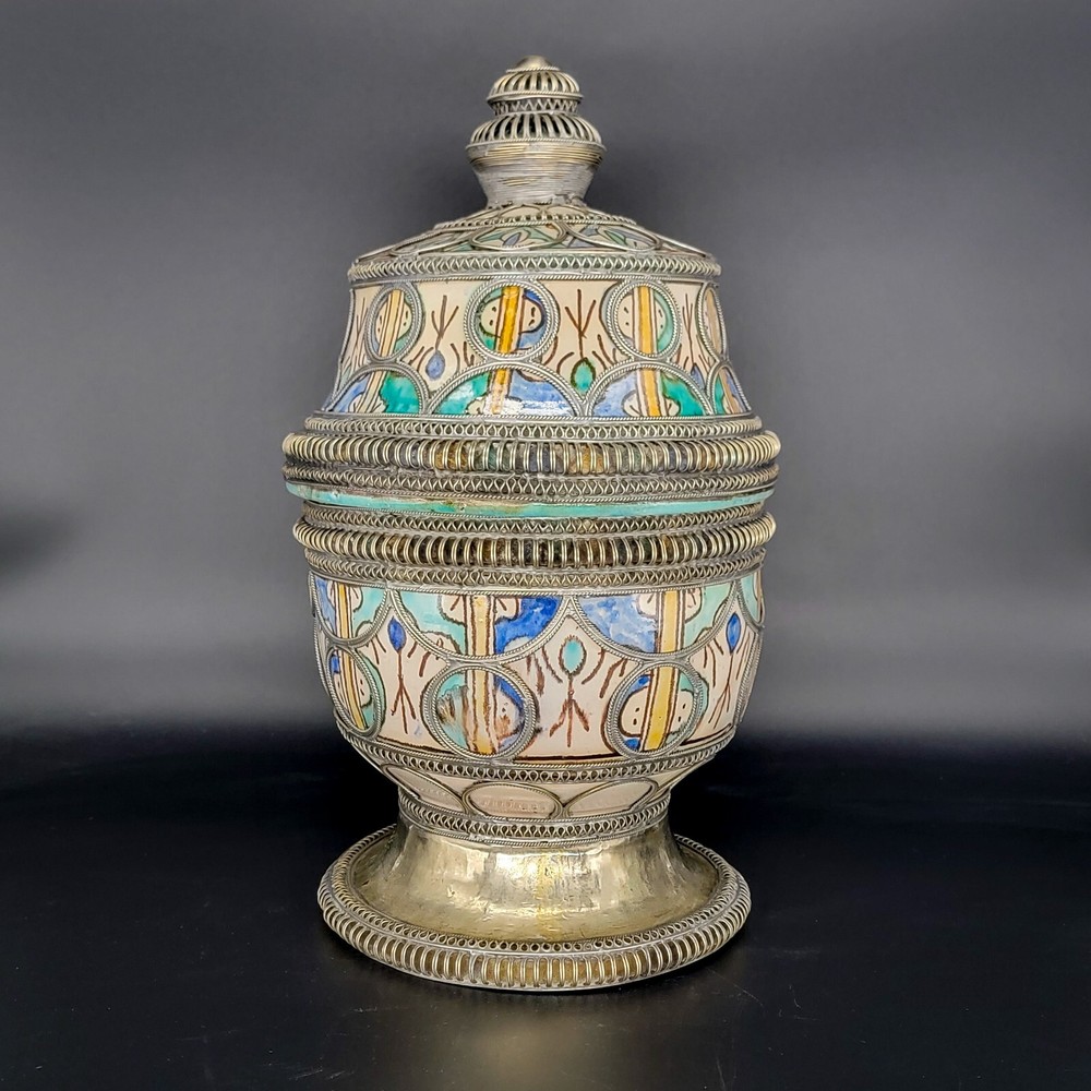 Antique Moroccan Ceramic Lidded Jar Urn Nickle Filigree Overlay 15