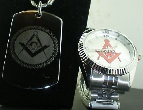 FATHERS DAY DEAL MASONIC MASON G SILVER RED LOGO WATCH 2 side engraved DOG TAG-image