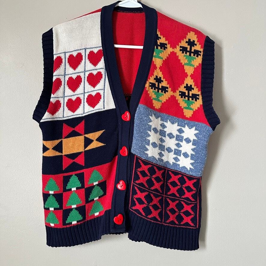 Vintage Sweater Vest Womens LARGE Button Front V-Neck Grandma 90s Retro Teacher