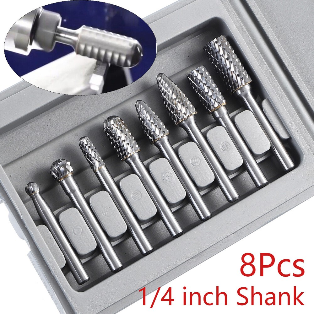8X Double Cut Tungsten Carbide Rotary Burrs Set Head 1/4'' Shank Die Grinder Bit