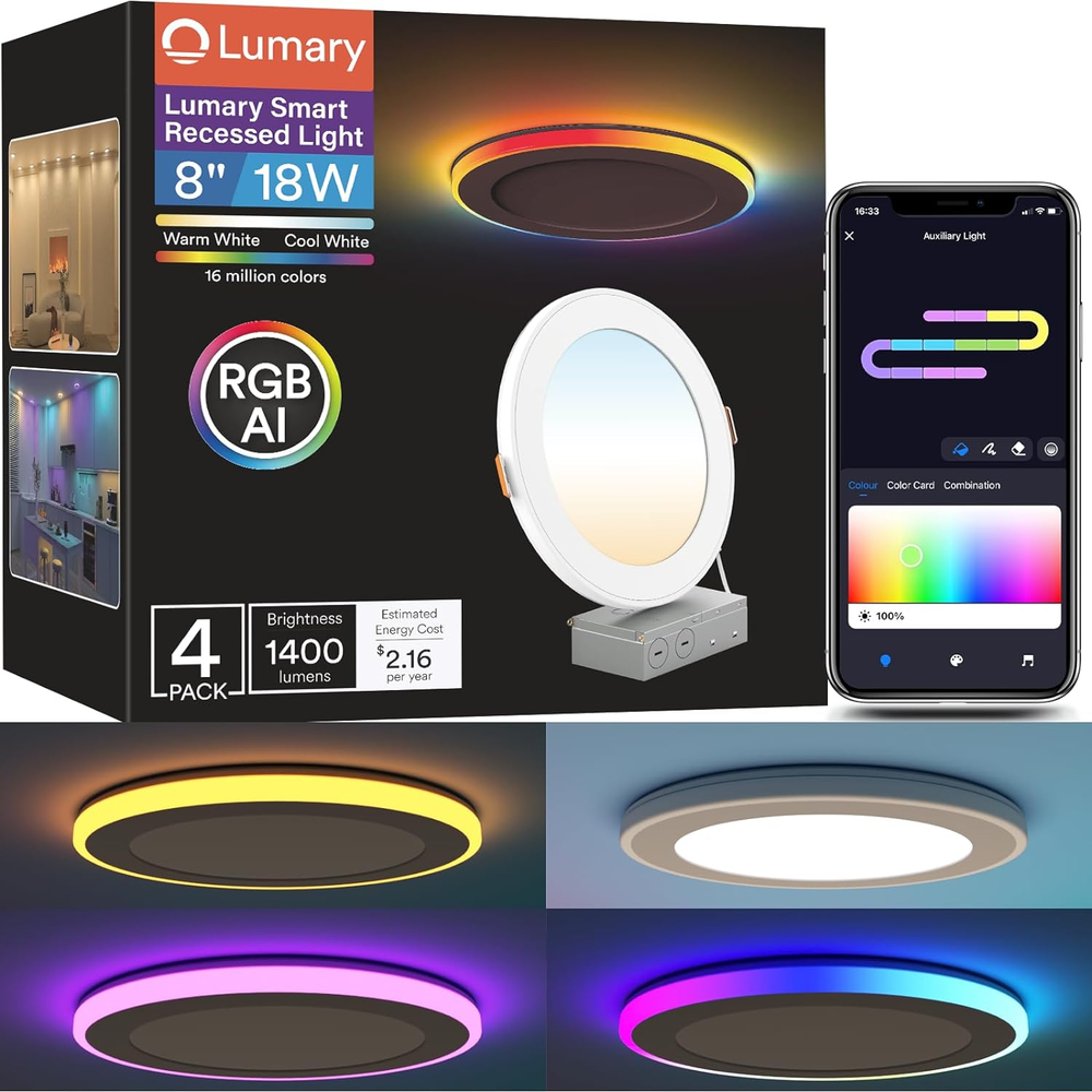 Lumary RGBAI Smart Recessed Lighting 8 Inch with Gradient Accent Light and Night