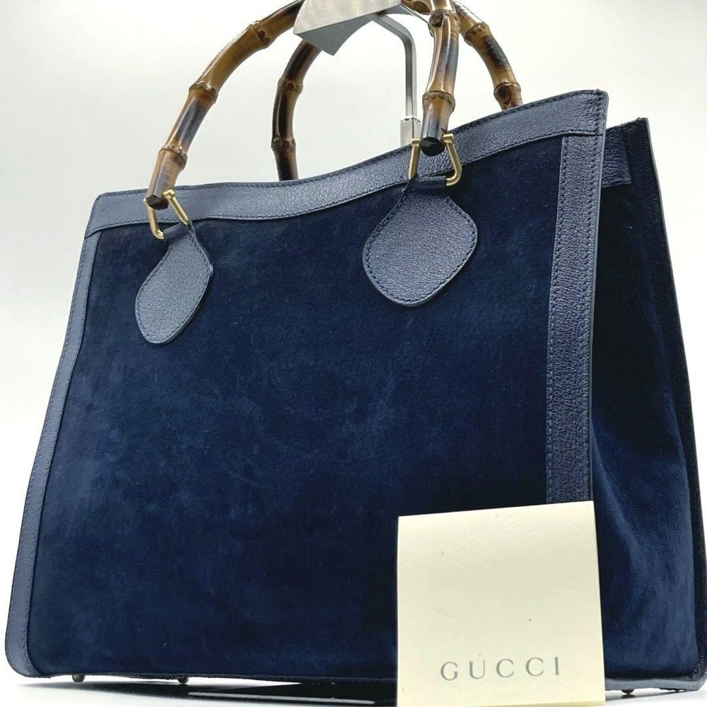 Gucci Vintage Navy Suede Bamboo Tote Handbag Durable Pre-Owned