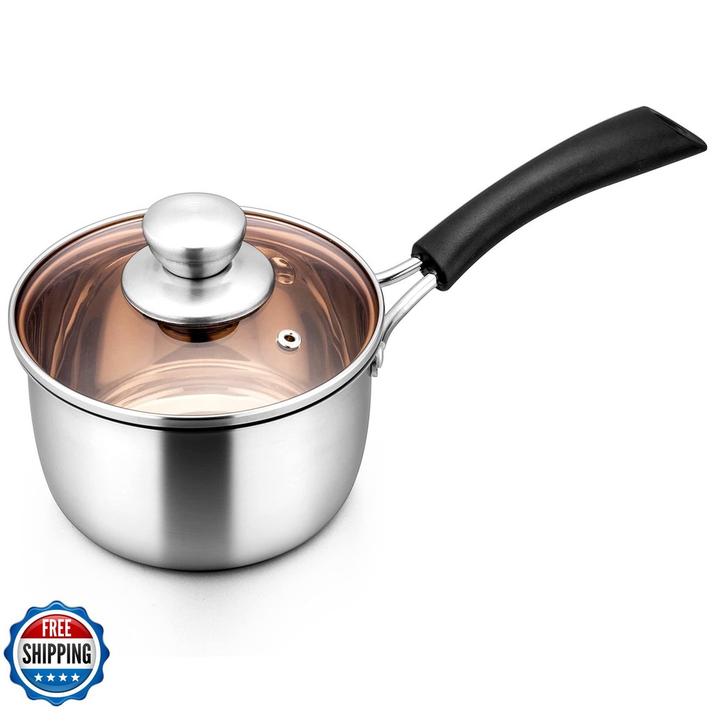 1QT Stainless Steel Saucepan with Lid – Small Pot for Milk Cooking
