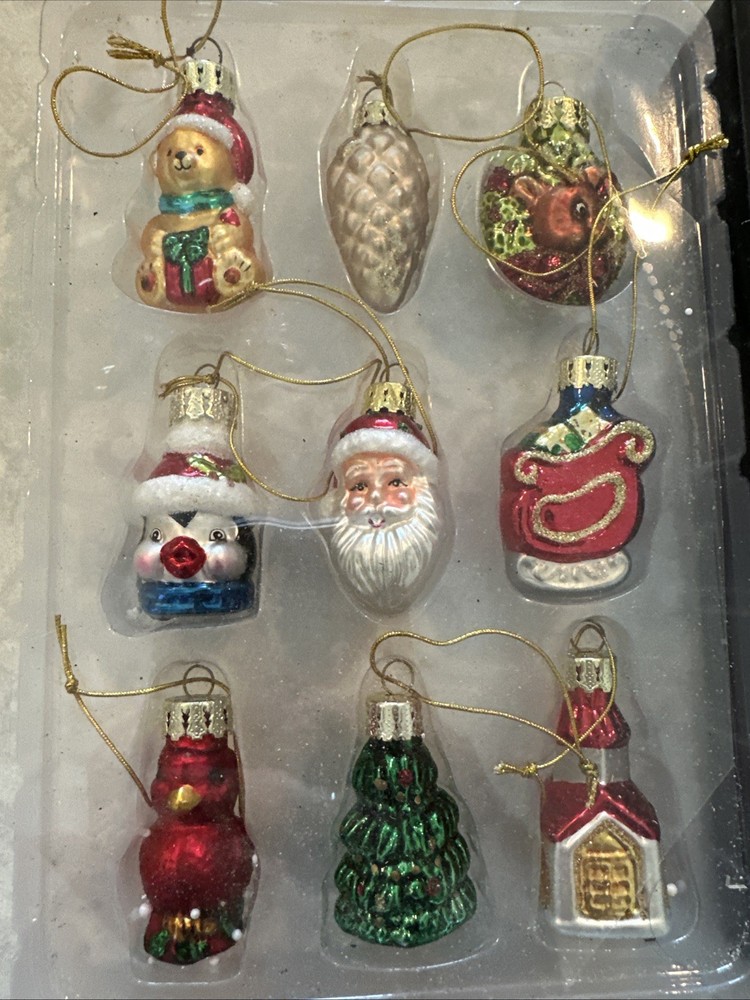 Mini Glass Figural Christmas Ornaments Santa Penguin Bear Tree Lot Of 9/ 2”
