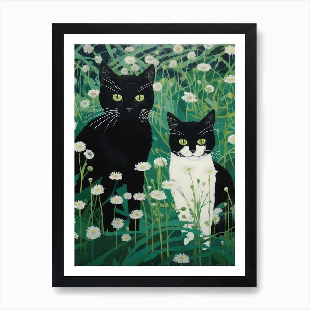 Black Cats In Daisies 2 Art Print Framed Wall Art Poster Canvas Print Picture