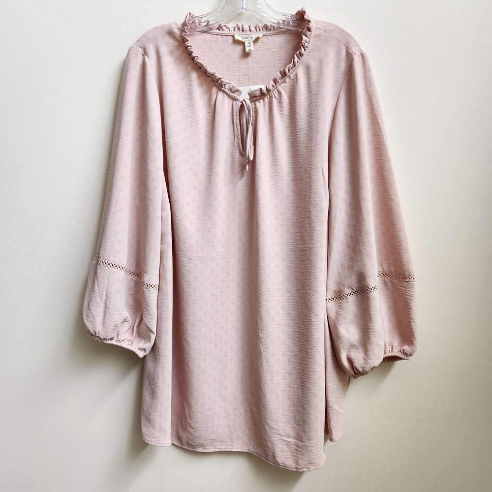 Como Blu Pink Long Bell Sleeve Ruffled Tunic Top Blouse Size 1X Womens Front Tie