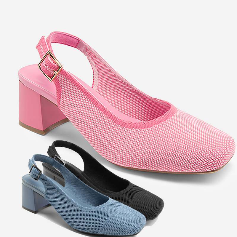 Women Slingback Pump Shoes Low Chunky Heel Square Toe Slip On Pump Shoes