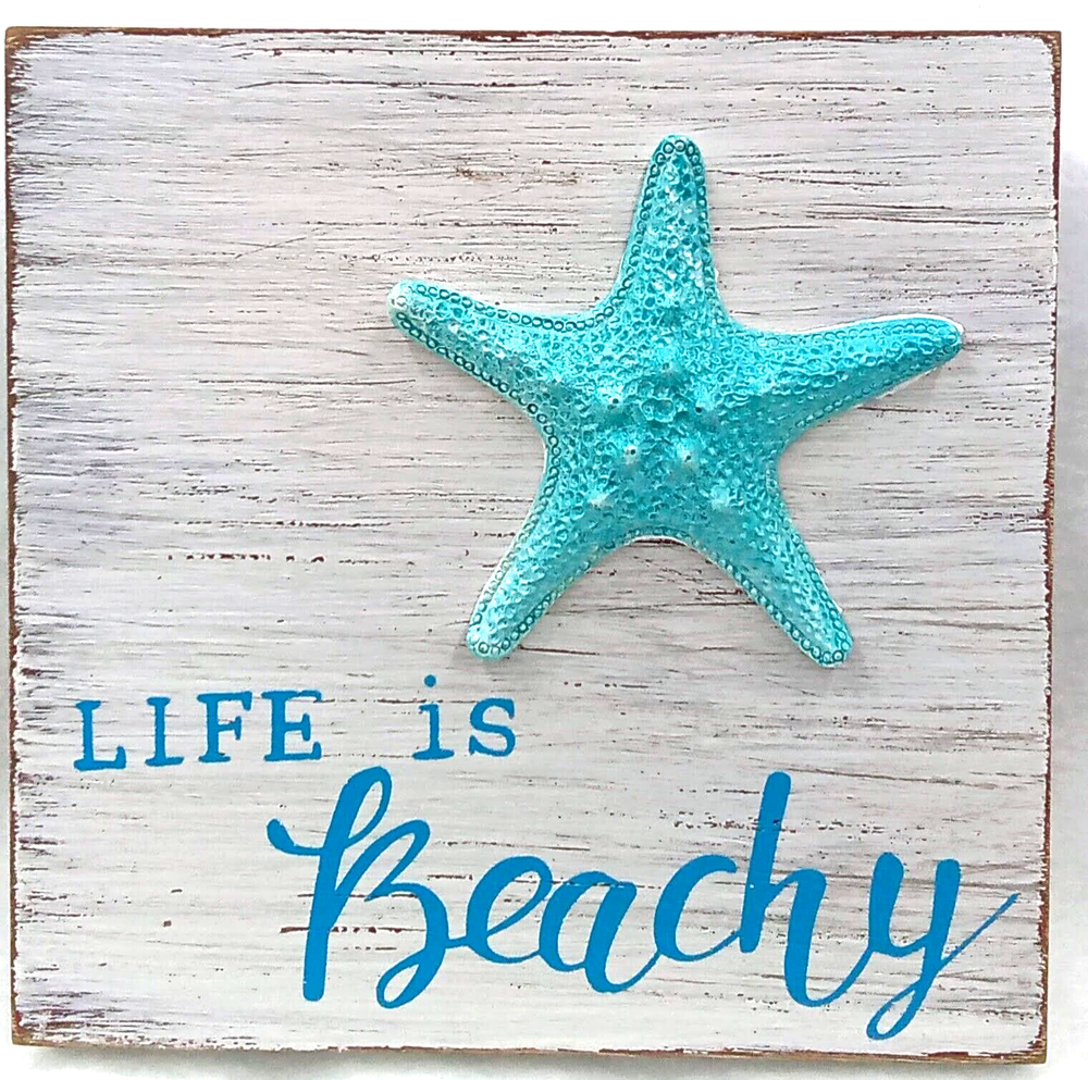 Life is Beachy Wood Box Sign Starfish Nautical White Blue Distressed Rustic 6