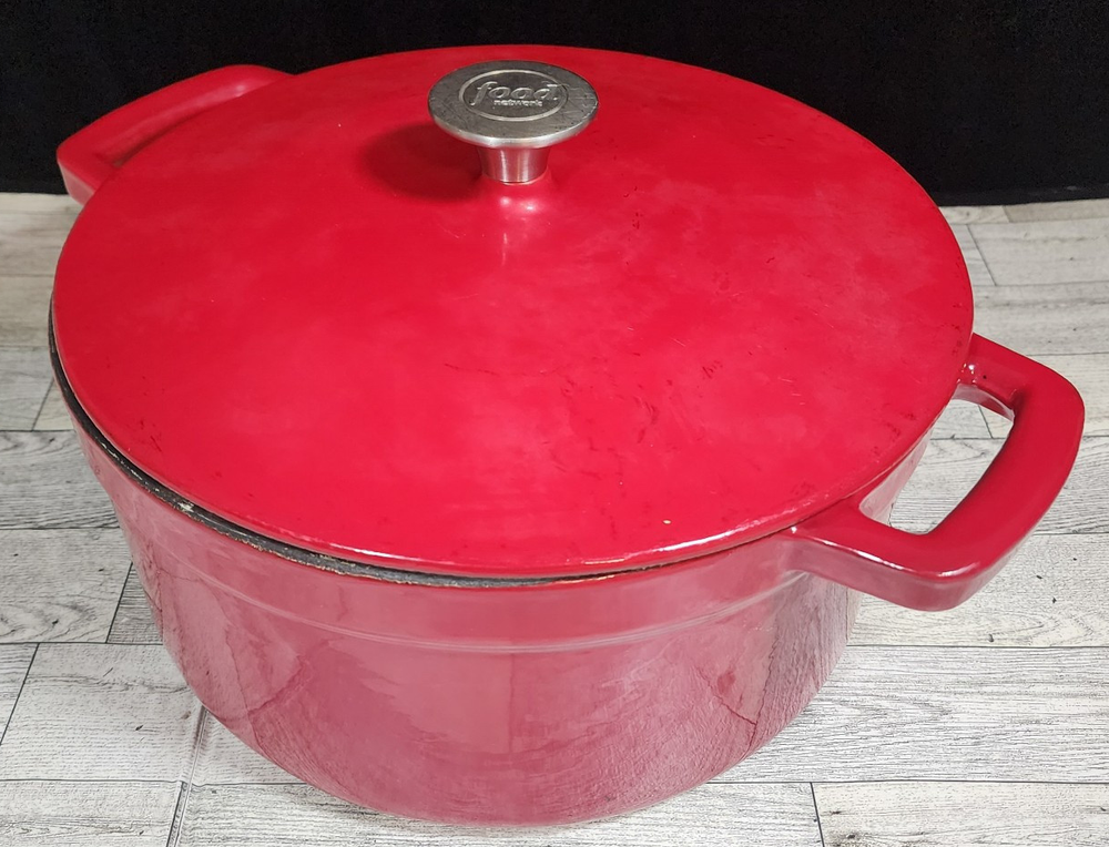 Vintage Food Network Red Enameled Cast Iron 5.5 Qt Dutch Oven with Dual Handles & Lid