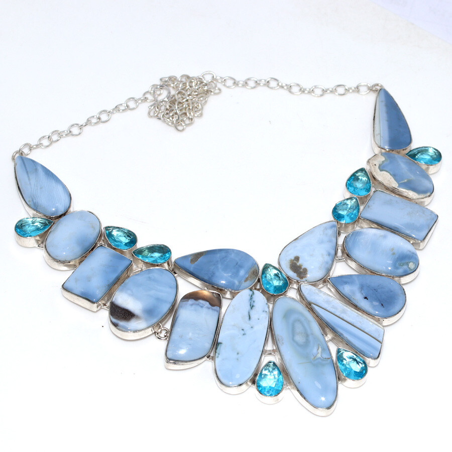 Owhyee Blue Opal Blue Topaz 925 Silver Plated Big Cluster Necklace 18