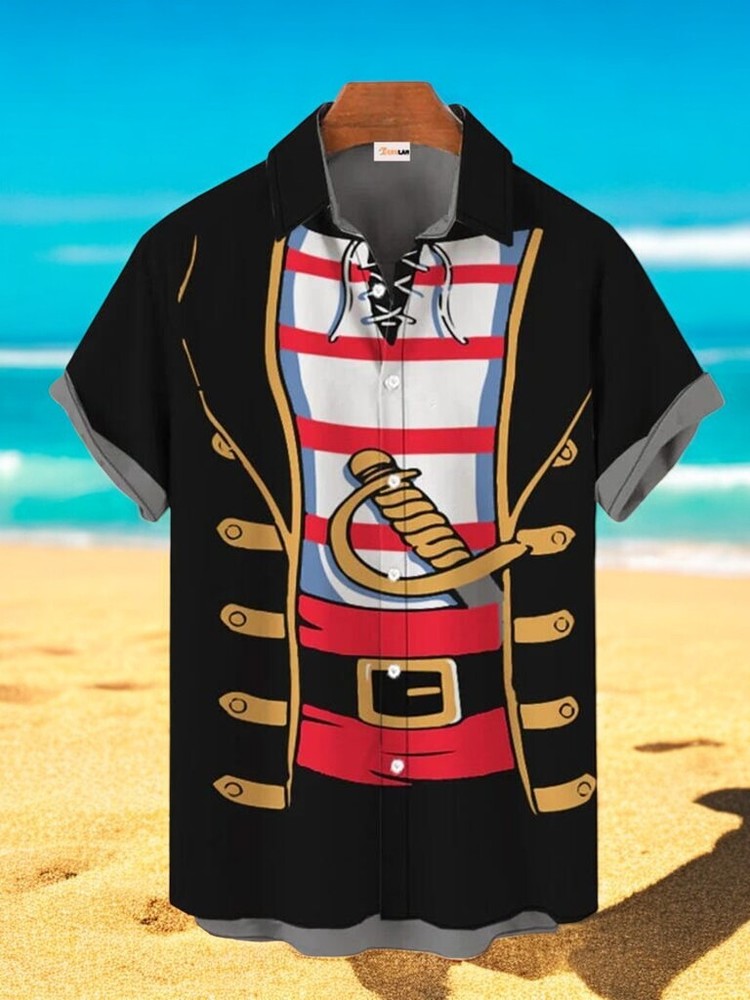 Black Pirate Skipper Costume Hawaiian Shirt For Men US Size Summer Style