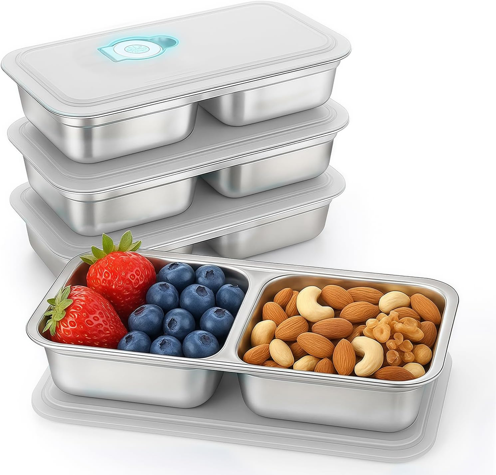 4Pcs 304 Stainless Steel Snack Containers, 2 Compartments Portable Food Storage