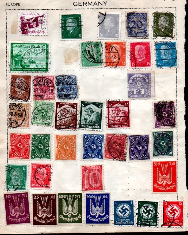 Germany collection of 100+ on 3 untidy, badly mounted album pages.