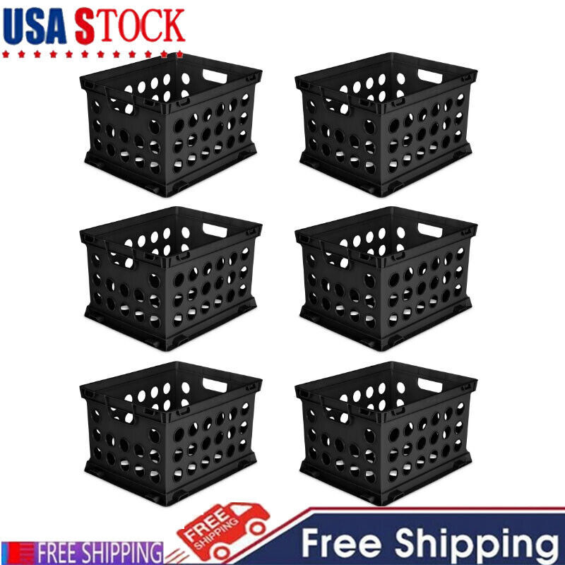NEW Set of 6 File Crate Plastic Milk Storage Bins Basket Stackable Boxes Black