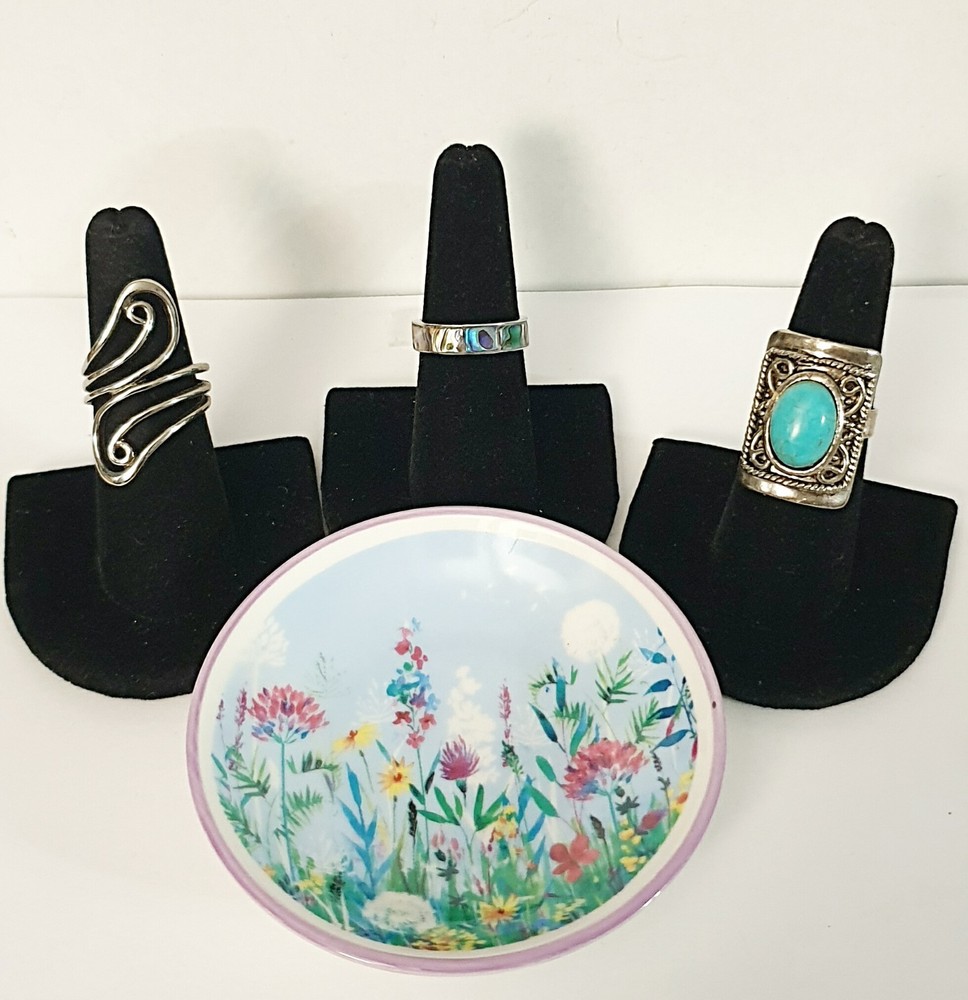 Jewelry Lot Abalone/Faux Turquoise/Silver Tone Sz 7Rings w/ Floral Trinket Dish