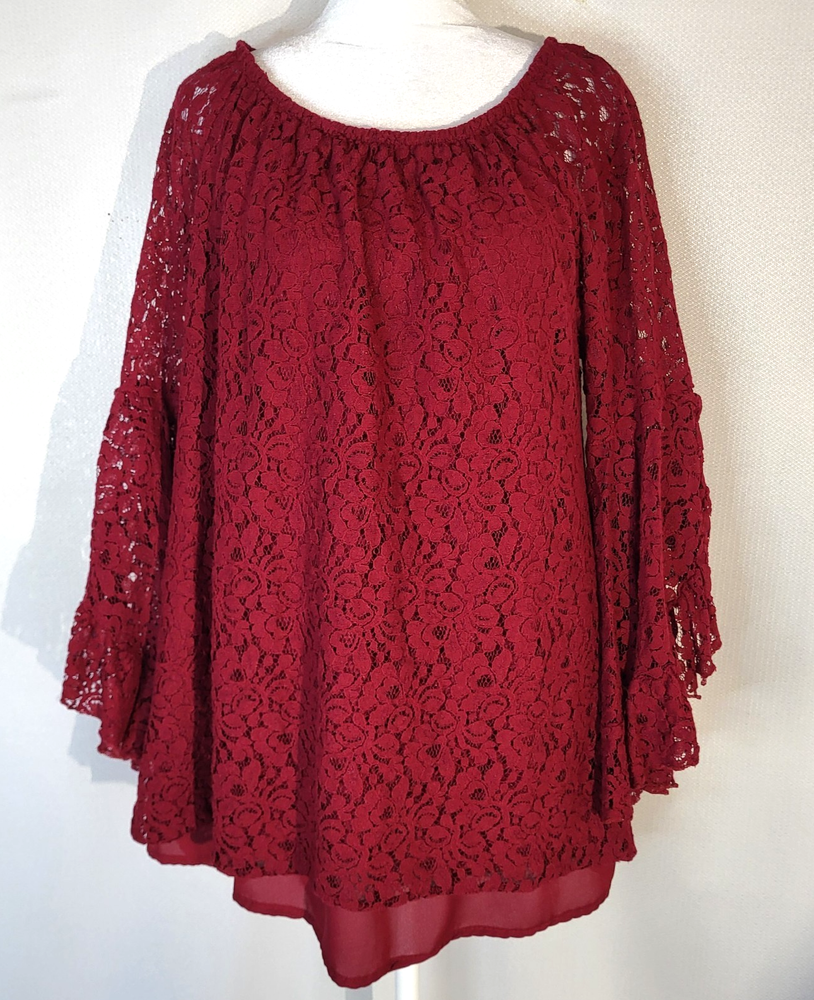 Forgotten Grace Burgundy Lace Off Shoulder Bell Sleeve Top Women’s Size L