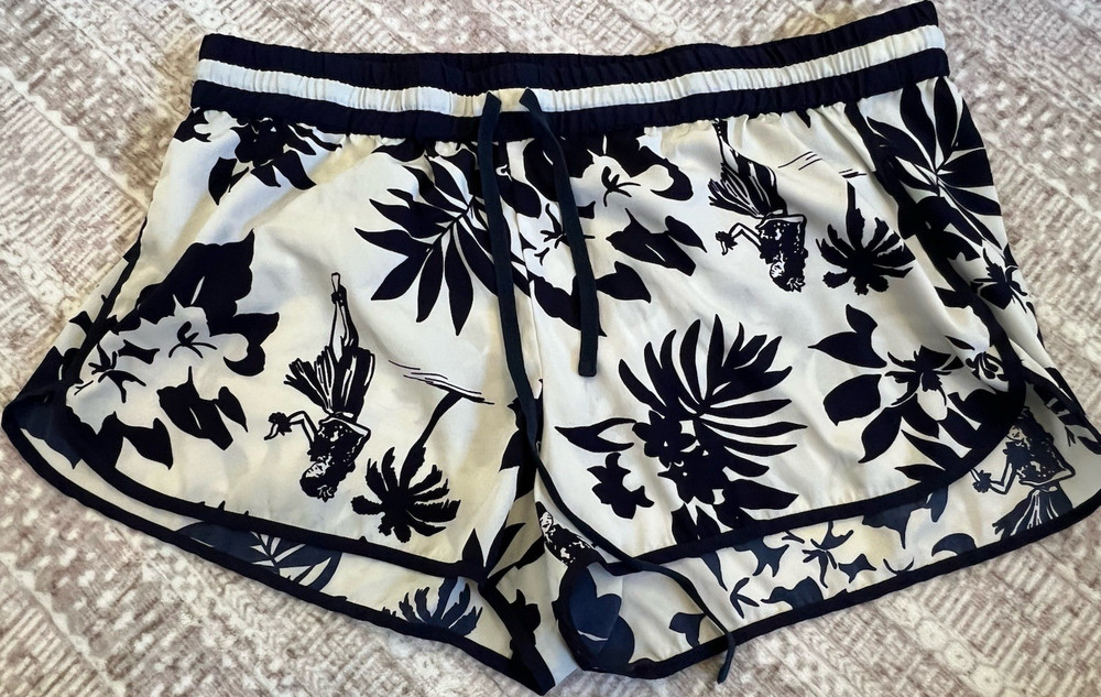 Aerie Women's Athletic Floral Tropical Drawstring Shorts White Navy Size L