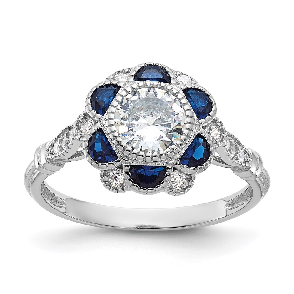 Sterling Silver Cubic Zirconia and Lab Created Blue Sapphire Flower Ring Size 8