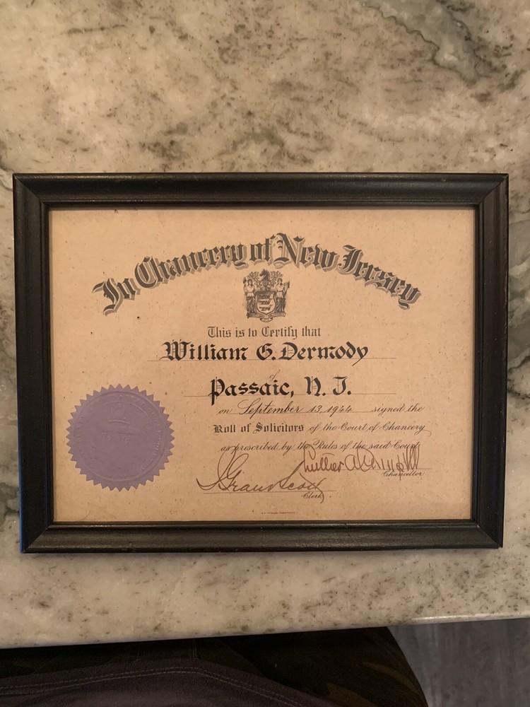 1944 In Chancery New Jersey Certificate Seal Roll Of Solicitors Framed Passaic