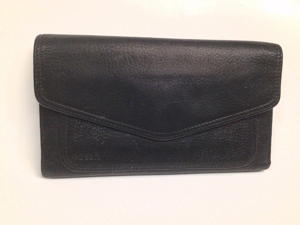 Fossil Women’s Black Pebble Checkbook Leather Tri-Fold Envelope Wallet Clutch