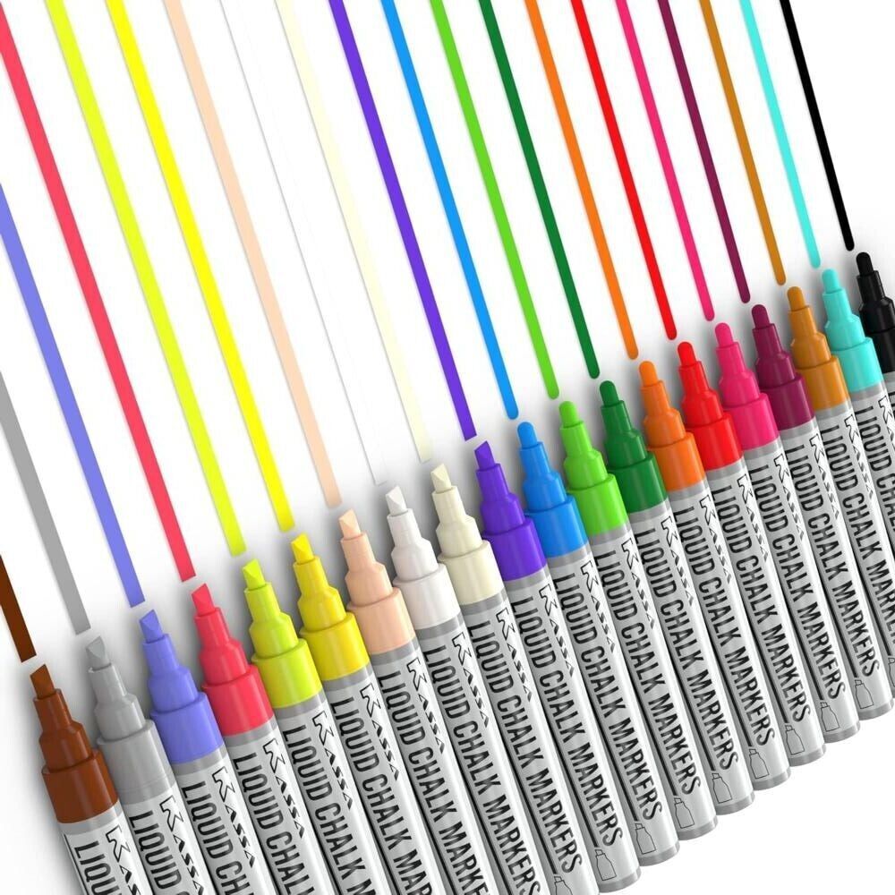 Set of 20 Liquid Chalk Markers 20 Vibrant Colors with Reversible Bullet & Chisel