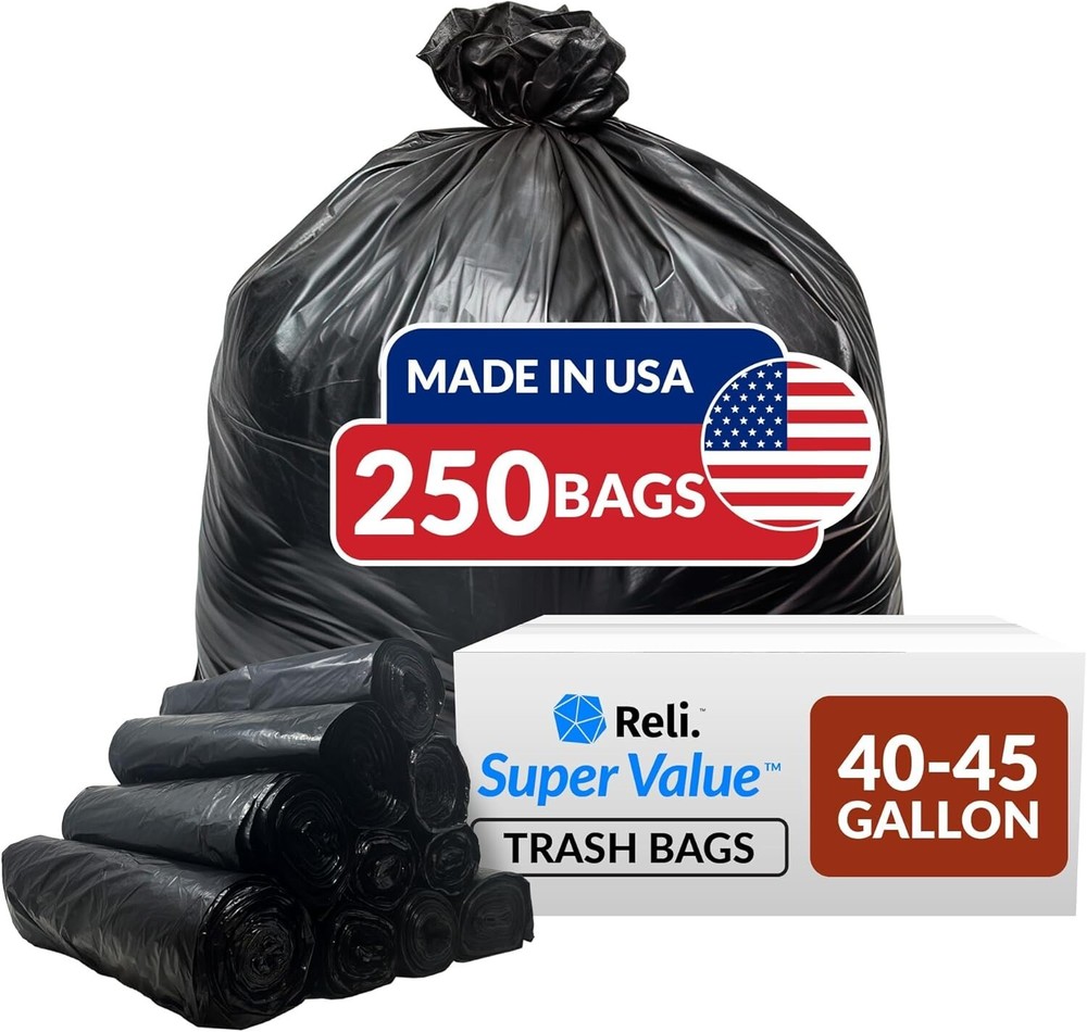 Heavy Duty 40-45 Gallon Trash Bags - Bulk Pack of 250 Large Black Bags