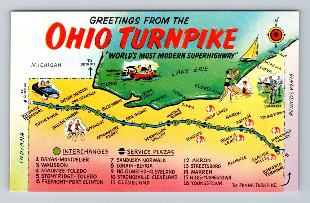 OH-Ohio, Turnpike, Landmarks, Souvenir, Antique, Vintage Postcard