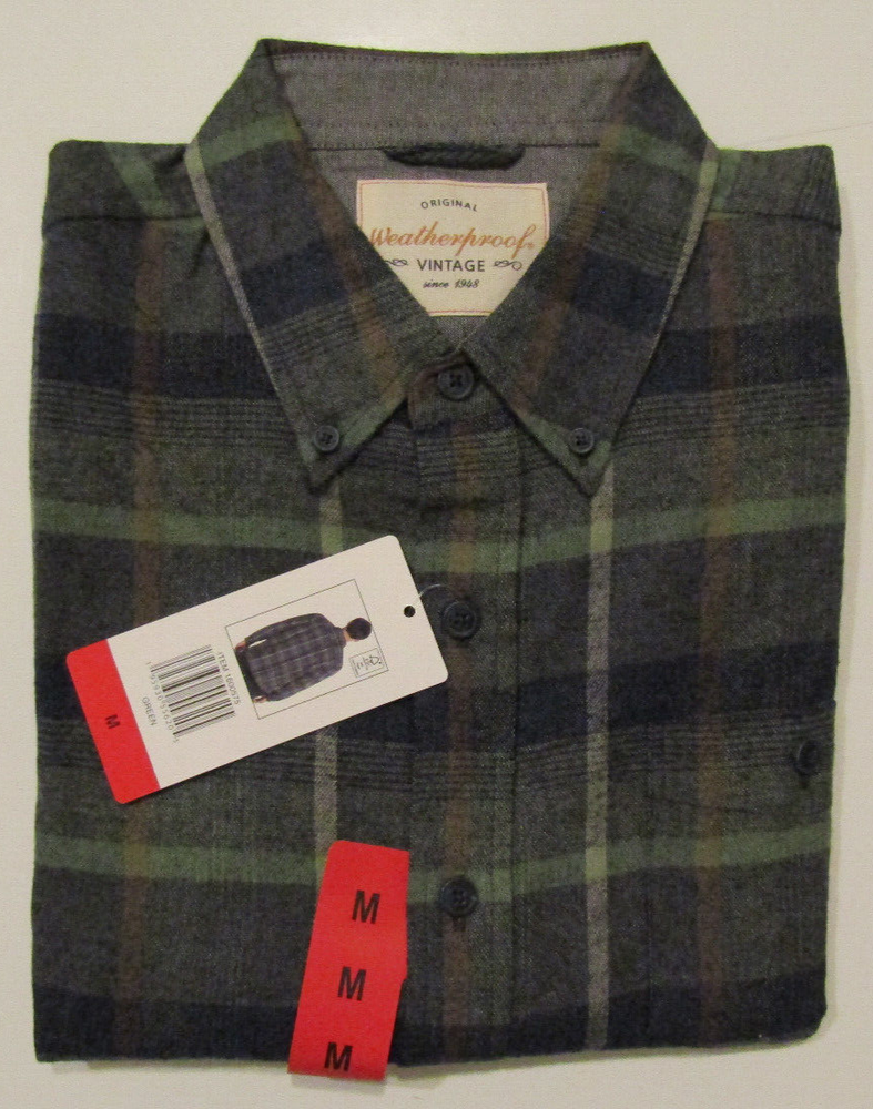 Weatherproof Green L/S Plaid Flannel Shirt Cotton Sz Medium M Mens NWT