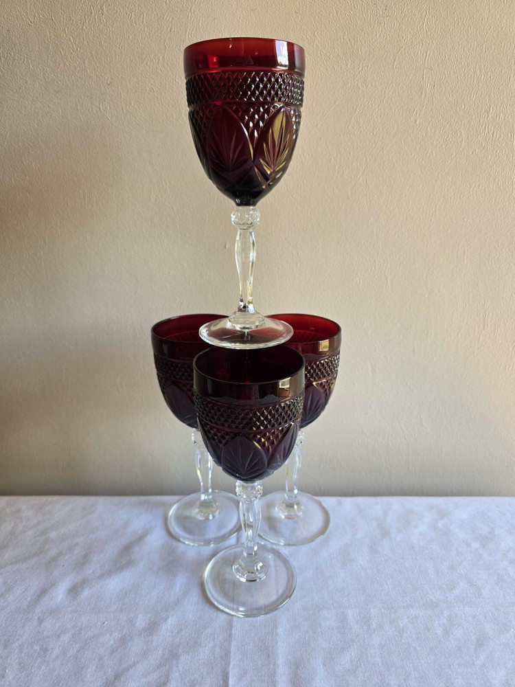 Set Of 4 VTG Cristal D'arques Durand Glass Antique Ruby Stemware Water Goblets
