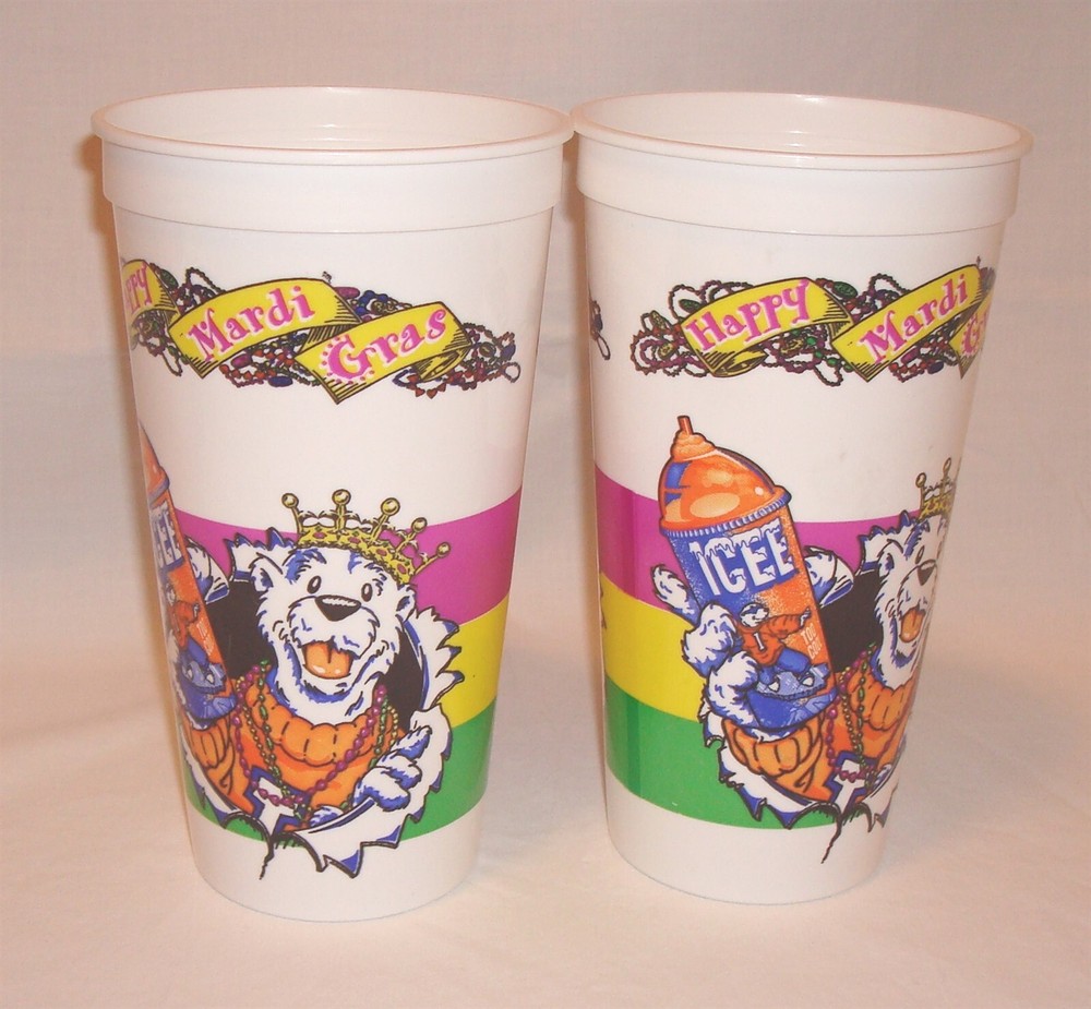 Icee Happy Mardi Gras plastic cup lot of 2 Icee bear wearing crown New Orleans