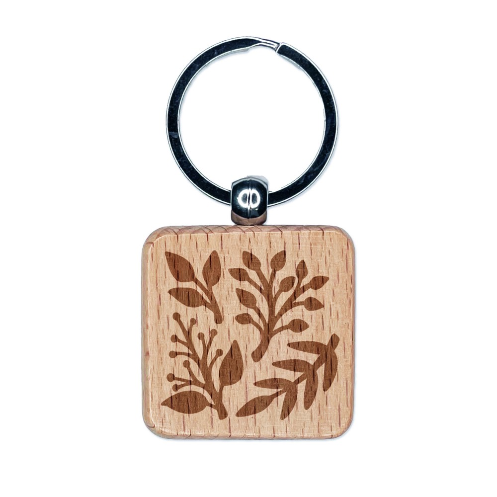 Engraved Wooden Keychain with Leaf and Branch Design  