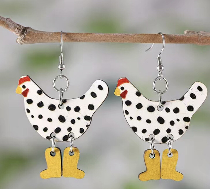 Retro Funny Chicken In Yellow Boots Dangle Earrings