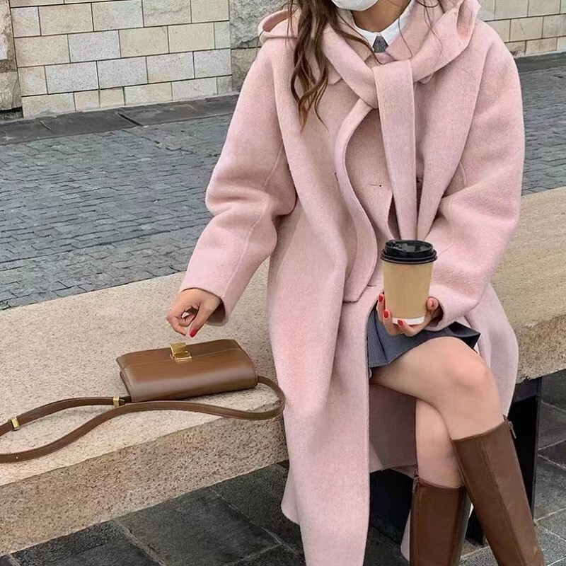 Women's Double Breasted Wool Coat with Detachable Hood Long Outwear-image