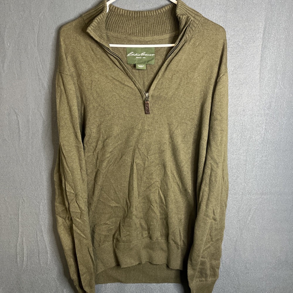 EDDIE BAUER 1/4 Zip UP Mock Neck Green Cashmere Blend Sweater Men's Large Tall