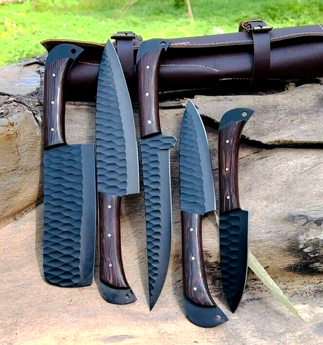 CUSTOM MADE CARBON STEEL CHEF KNIFE SET KITCHEN KNIVES WITH LEATHER BAG 2929