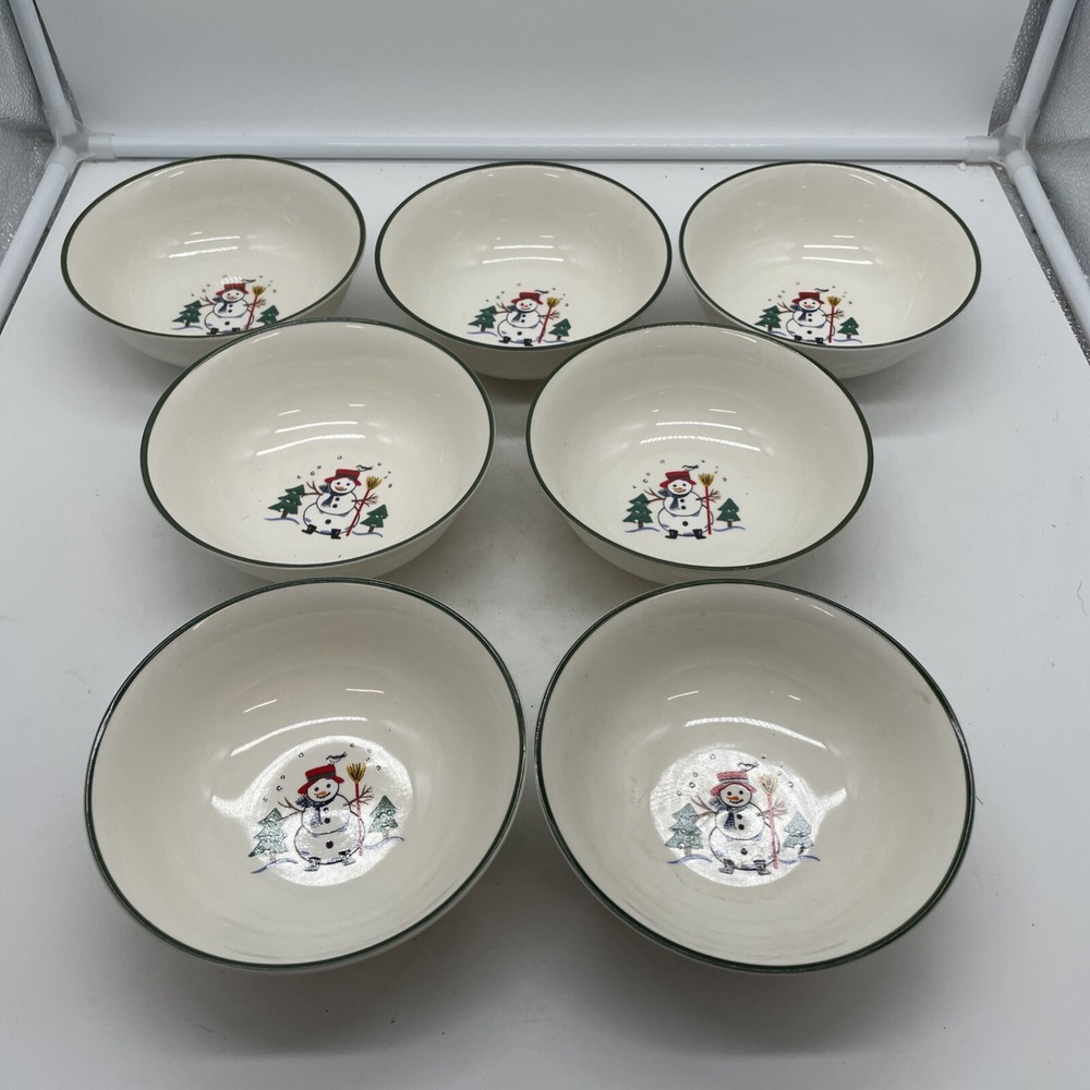 Pfaltzgraff Snow Village Snowman Christmas Cereal Bowl Set of 7 6-Inch