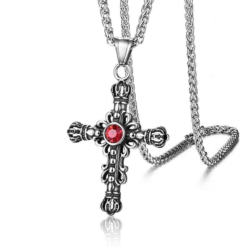 Gothic Men Medieval Red CZ Stone Cross Pendant Necklace Stainless Steel 24