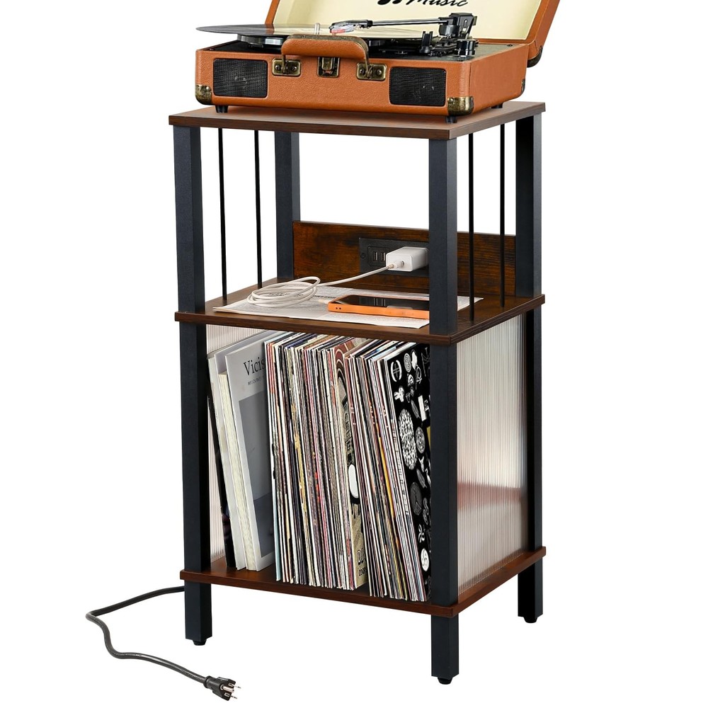 Record Player Stand with Charging Station, 3 Tier End Table with Vinyl Record...