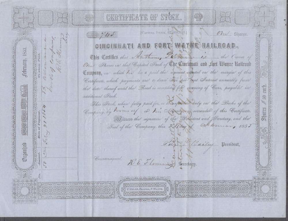 Cincinnati & Fort Wayne Railroad stock certificate 1855 one share