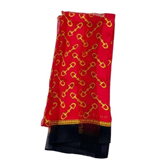 Vintage Echo Rectangular Silk Scarf Red Horsebit Gold Chain Print Equestrian